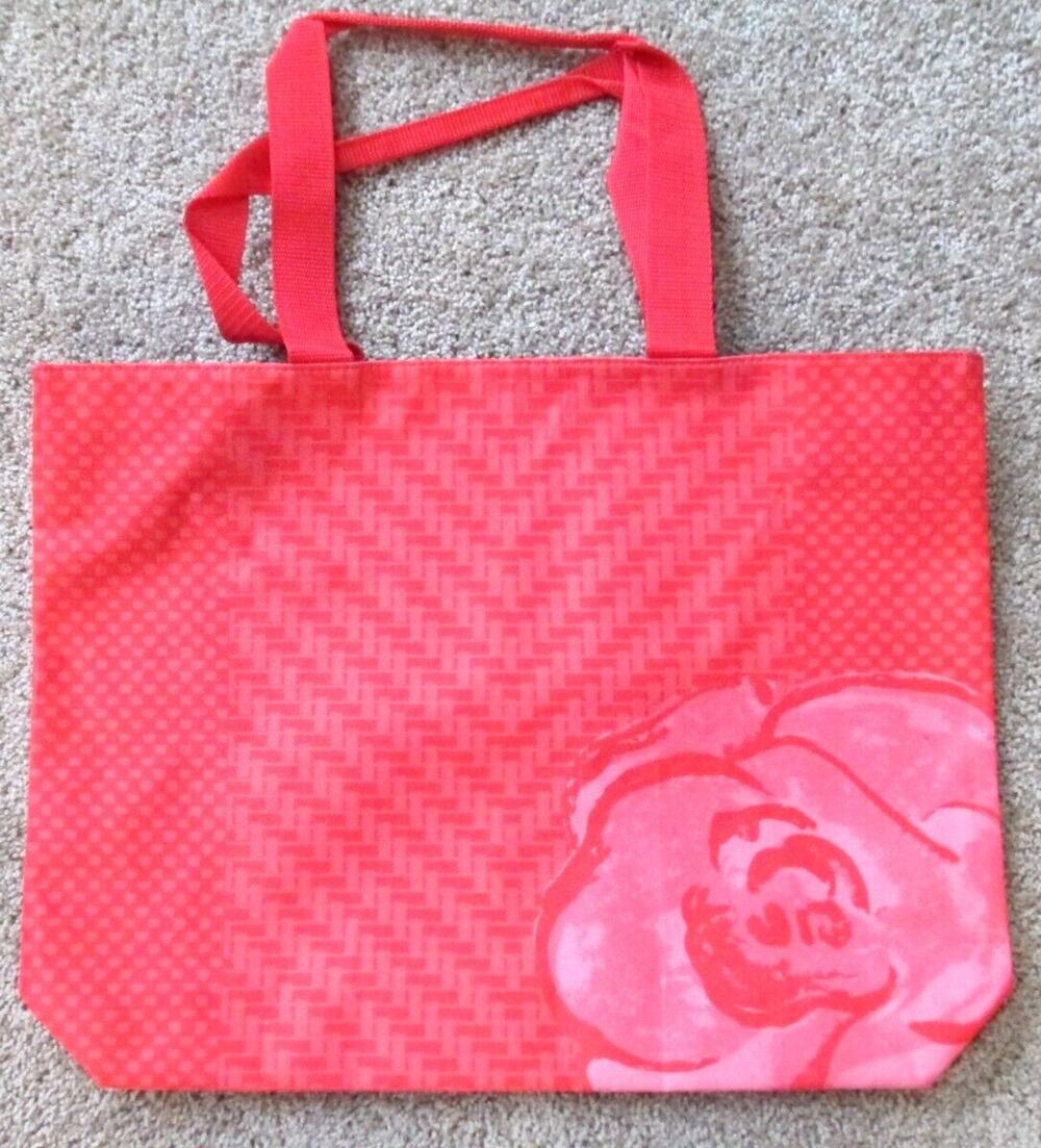 New Lancome red tote purse bag blue inside coral Rose on outside